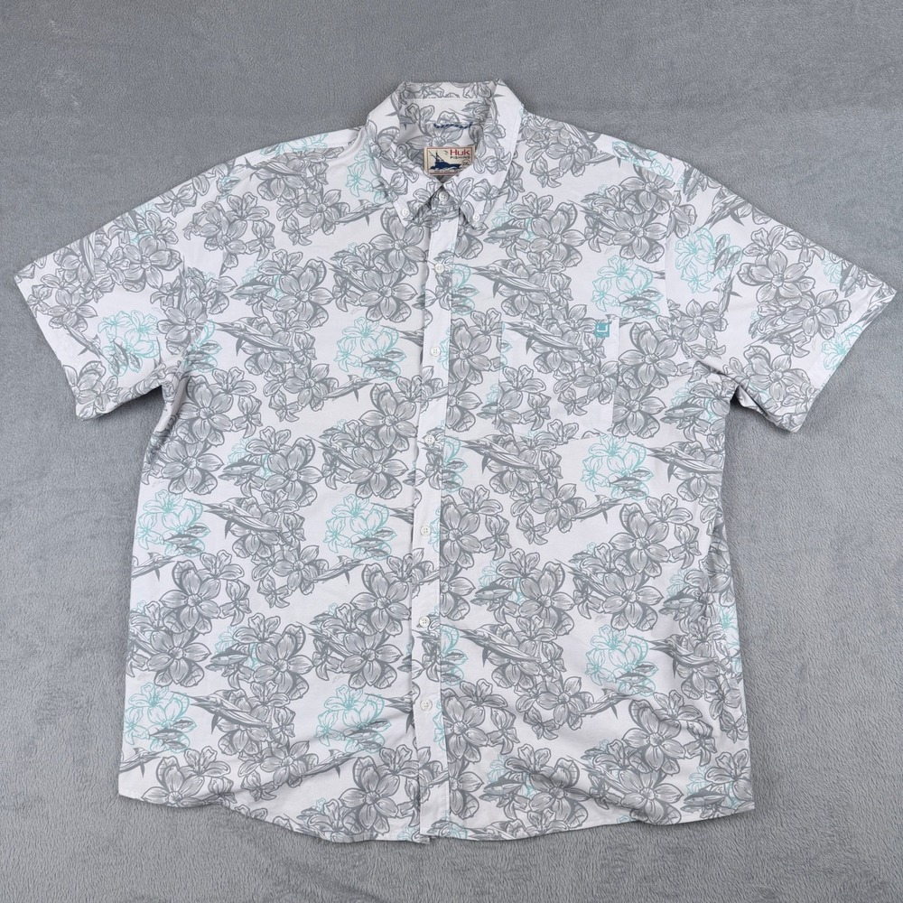 Huk Fishing Mens 2XL Short Sleeve Button Down Shirt Floral Marlin Print Stretch